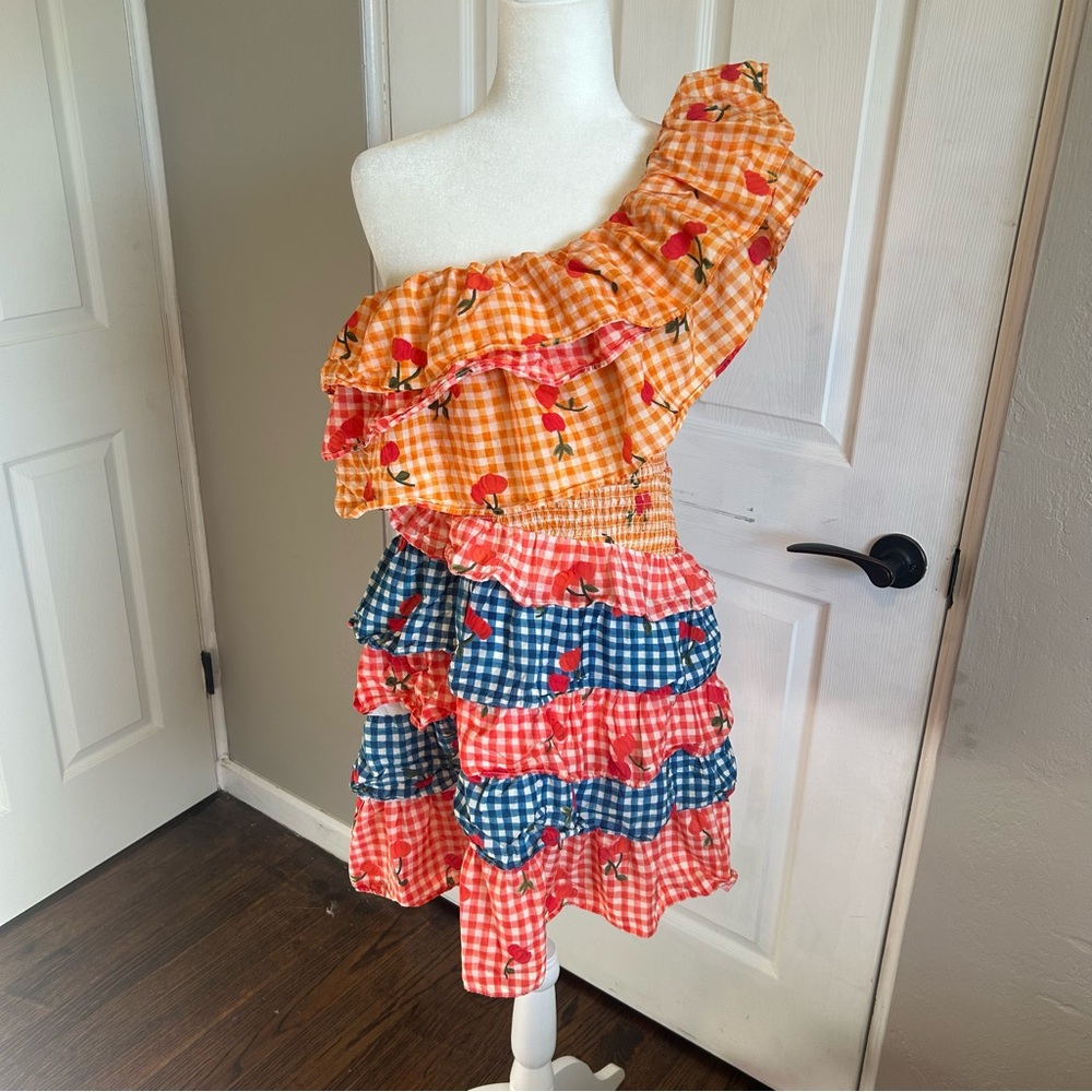 Anthropologie Farm Rio one shoulder cherry mini Colorful tiered Ruffle Dress - Picture 5 of 8